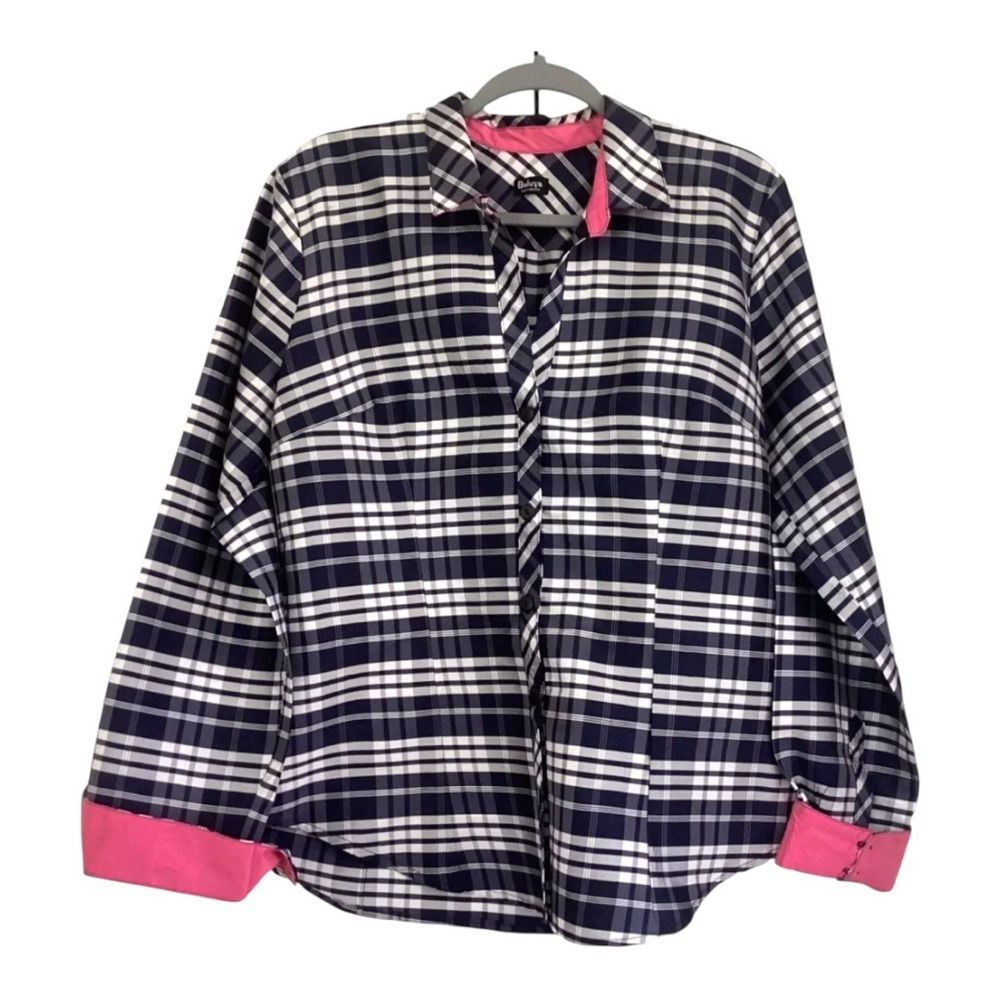 💙Beluva San Francisco Crinkle Blue Plaid Shirt XL 🩷Pink Accents